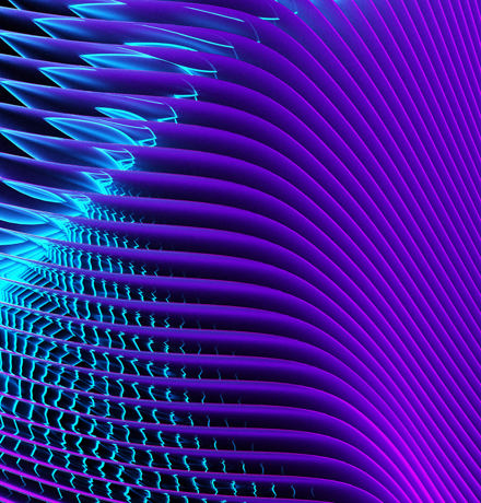  Abstract digital artwork featuring a pattern of curved, layered lines in vibrant neon blue and purple hues, creating a sense of depth and motion against a dark background.